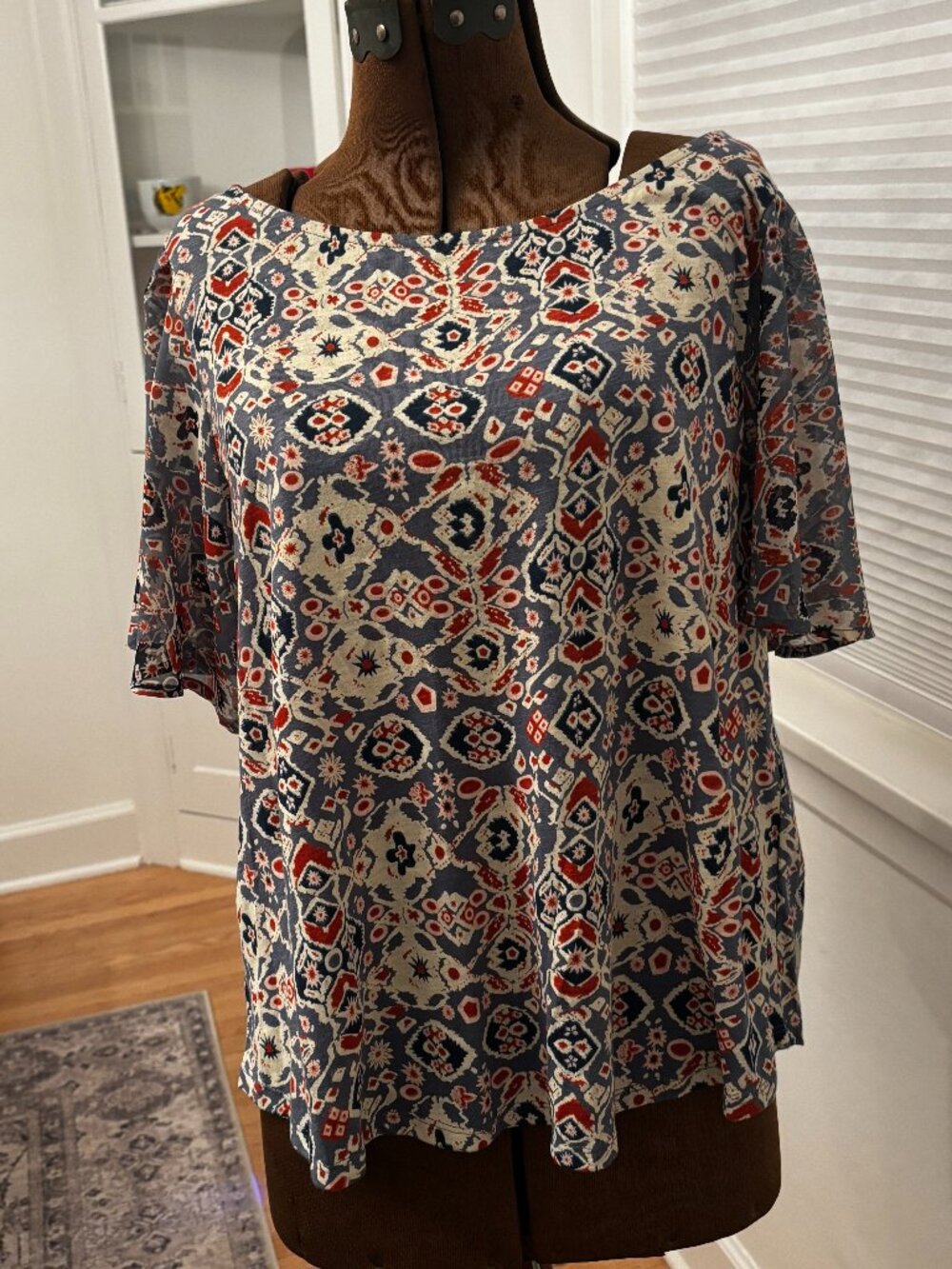 Lucky Brand Women’s Large Boho Flutter Sleeve Open Back Mixed Media Top (2083)